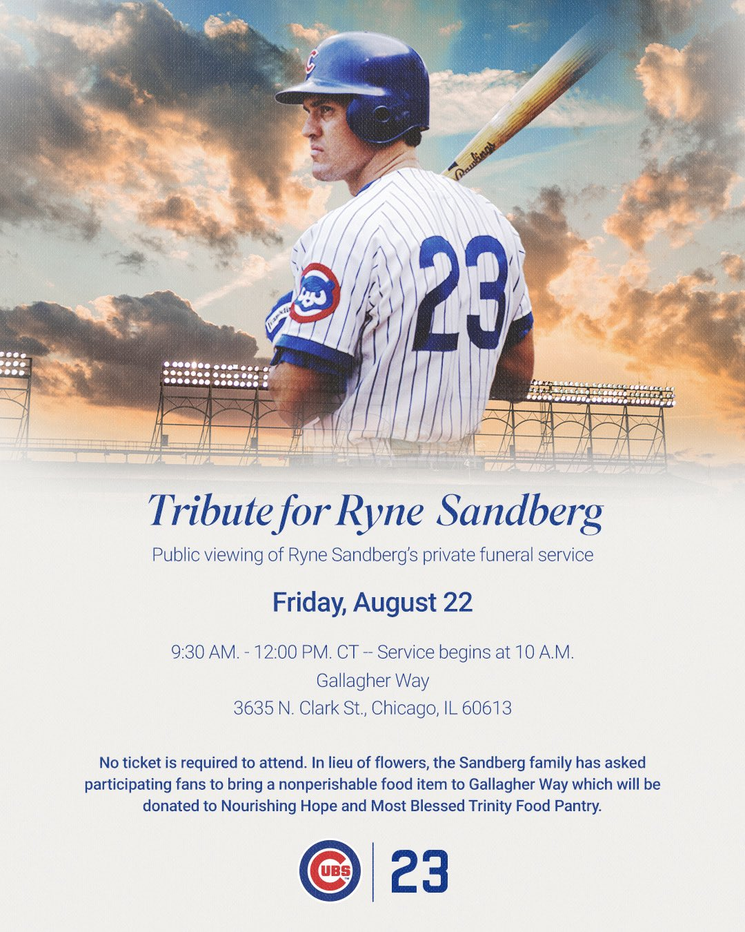 Ryne Sandberg Tribute, Public Viewing of Funeral Service at Gallagher Way on August 22