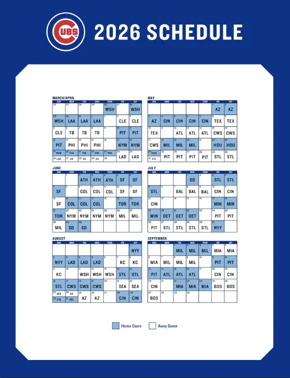 Cubs Announce 2026 Schedule, Home Opener March 26