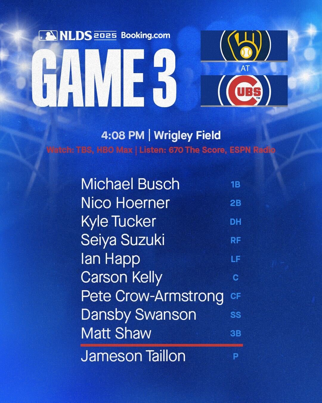 Chicago Cubs Lineup (10/8/25): Win or Stay Home, Taillon Starting